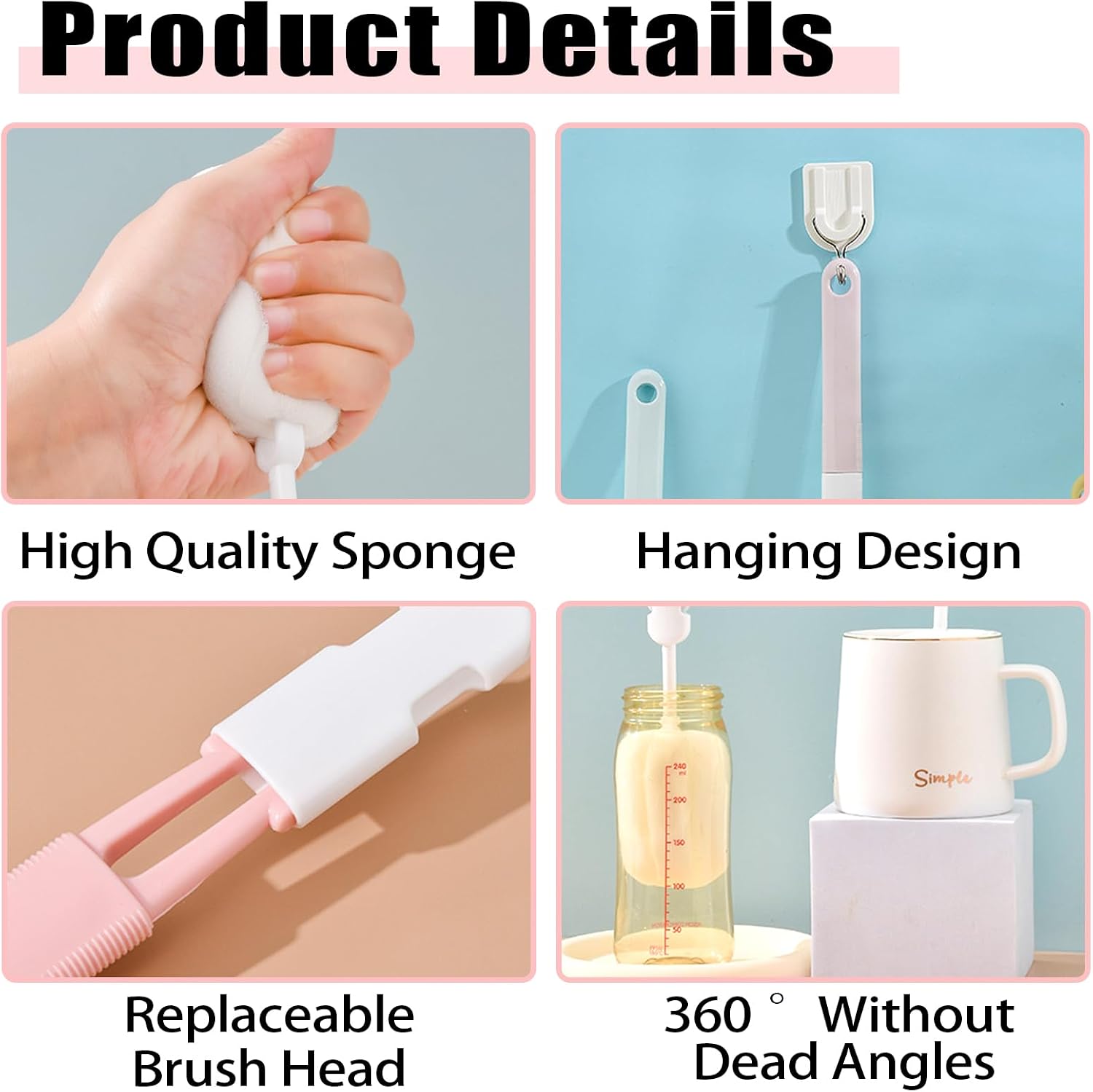 INVODA Sponge Nipple Bottle 5 PCS + Replaceable Brush Heads 5 PCS Baby Bottle Brushes Long Handle Cup Scrubber Brush Portable Sponge Cleaning Brush