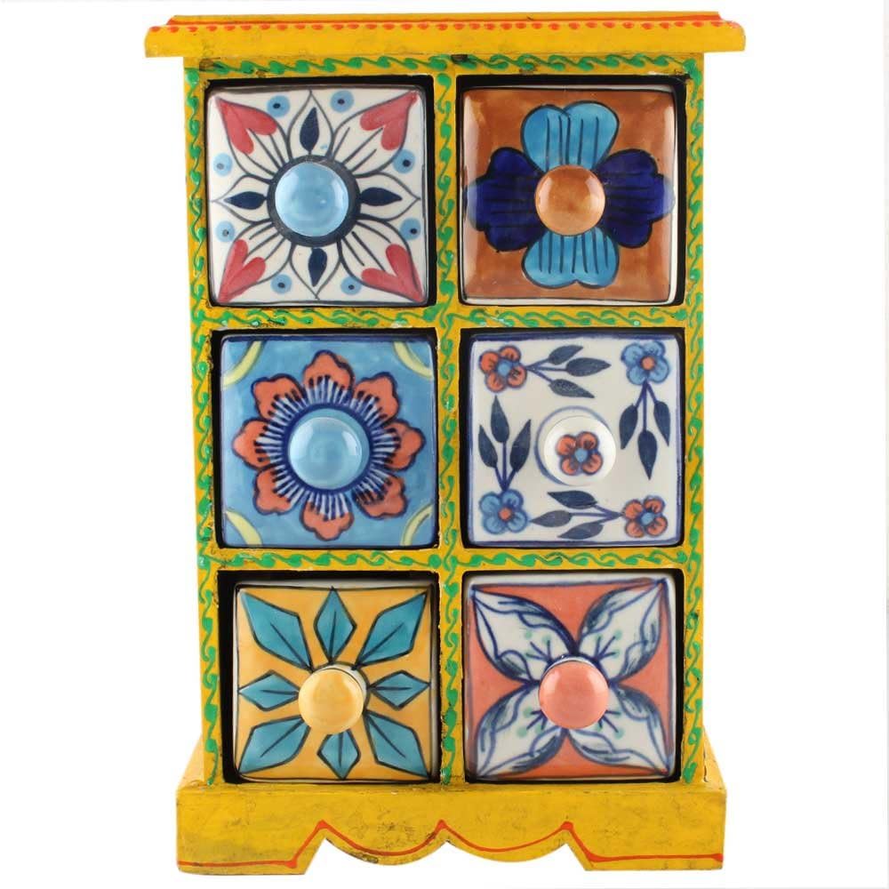 Indian Shelf 1 Piece Vocalforlocal Handmade Multicolor Wooden 6 Drawer Floral Pattern Spice Box Seasoning Masala Organizer Rack Jewellery Container