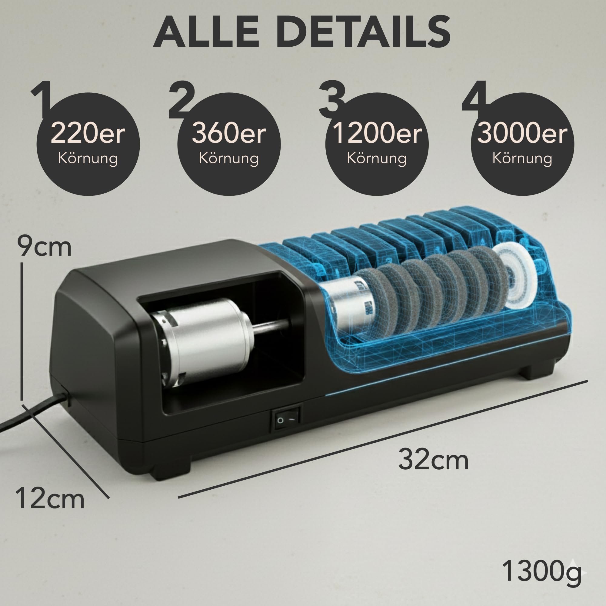 Messerschärfer Elektrisch 4-Stufen Diamant Profi Messerschleifmaschine für Küchenmesser