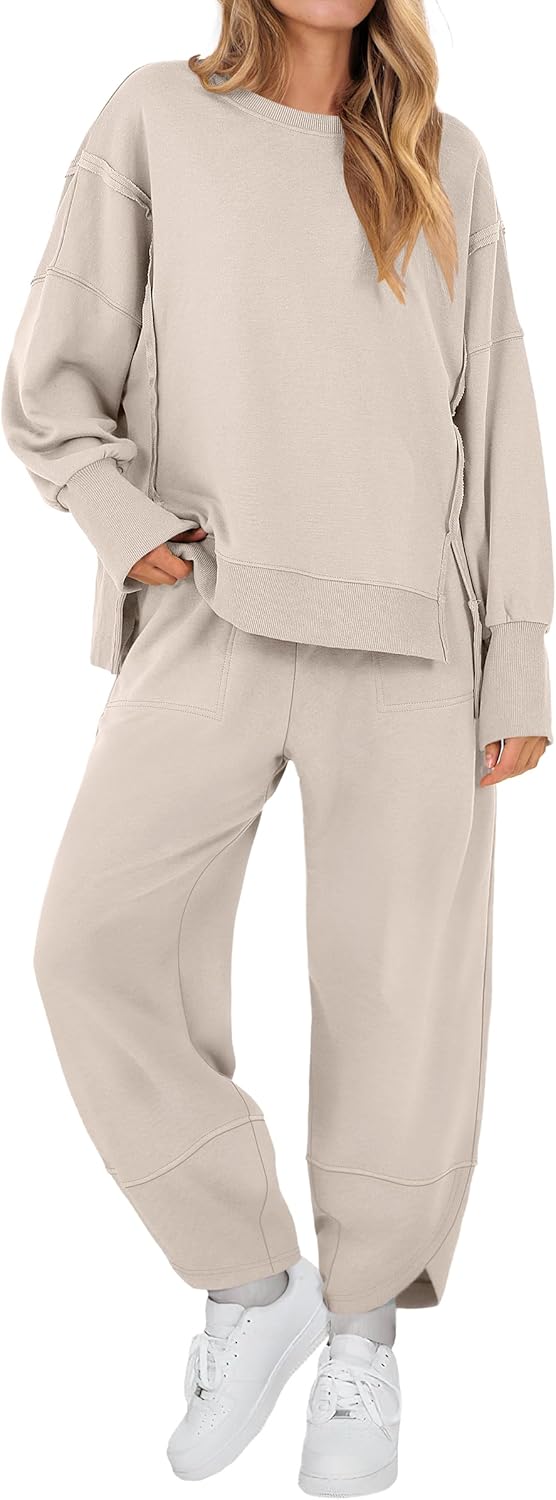 ANRABESS Womens 2 Piece Outfits Sweatsuits Oversized Sweatshirts Barrel Pants Matching Lounge Sets 2025 Fall Travel Clothes