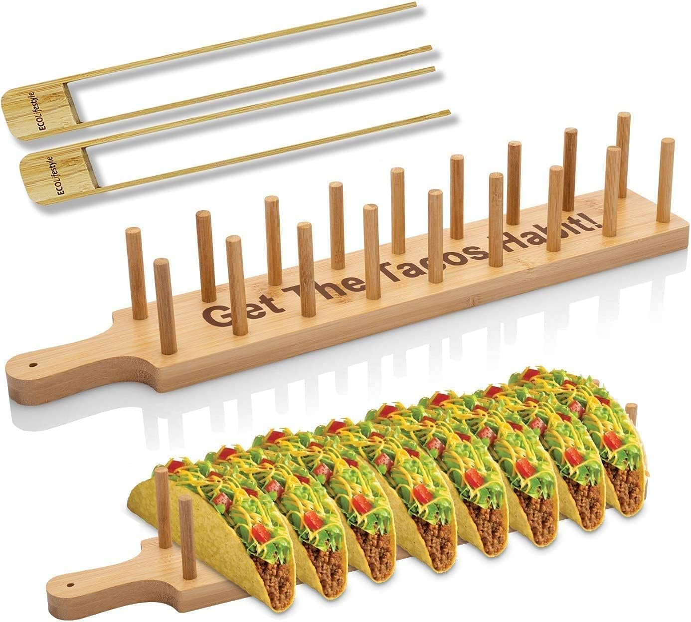 Bamboo Taco Tray Holder with 2 Tongs โ Holds 8 Tacos โ Soft & Hard Shell Taco Tray Plate โ Tortilla & Burrito Server โ Eco-Friendly Wooden Taco Holder โ Taco Bar Gift for Parties & Dinners