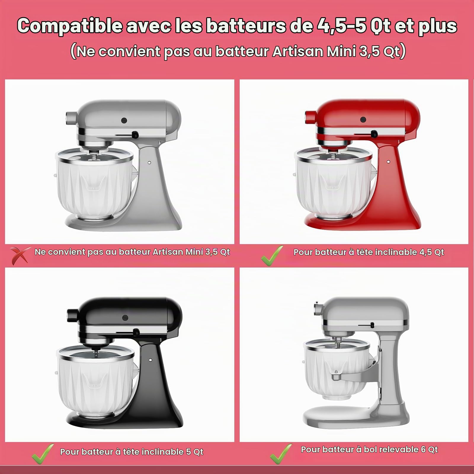 TPGSING Accessoire pour machine à glace pour KitchenAid Mixer, compatible Batteur sur pied ou inclinable de 4,5 Qt et plus, bol de yaourt glacé, gelato et sorbet de 2 QT pour Kitchenaid accessoires