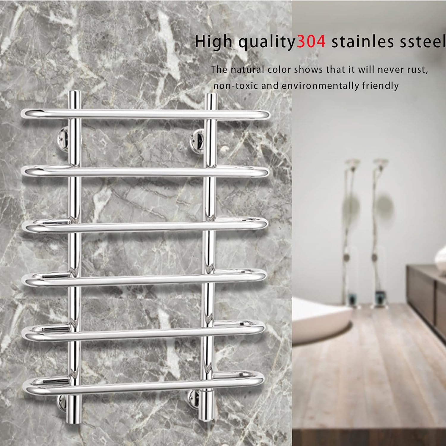 APUM Towel Warmer, Wall Mounted 6-Bars Electric Towel Warmer Drying Rack 304 Stainless Steel Towel Rack 80W Towel Rail for Bathroom