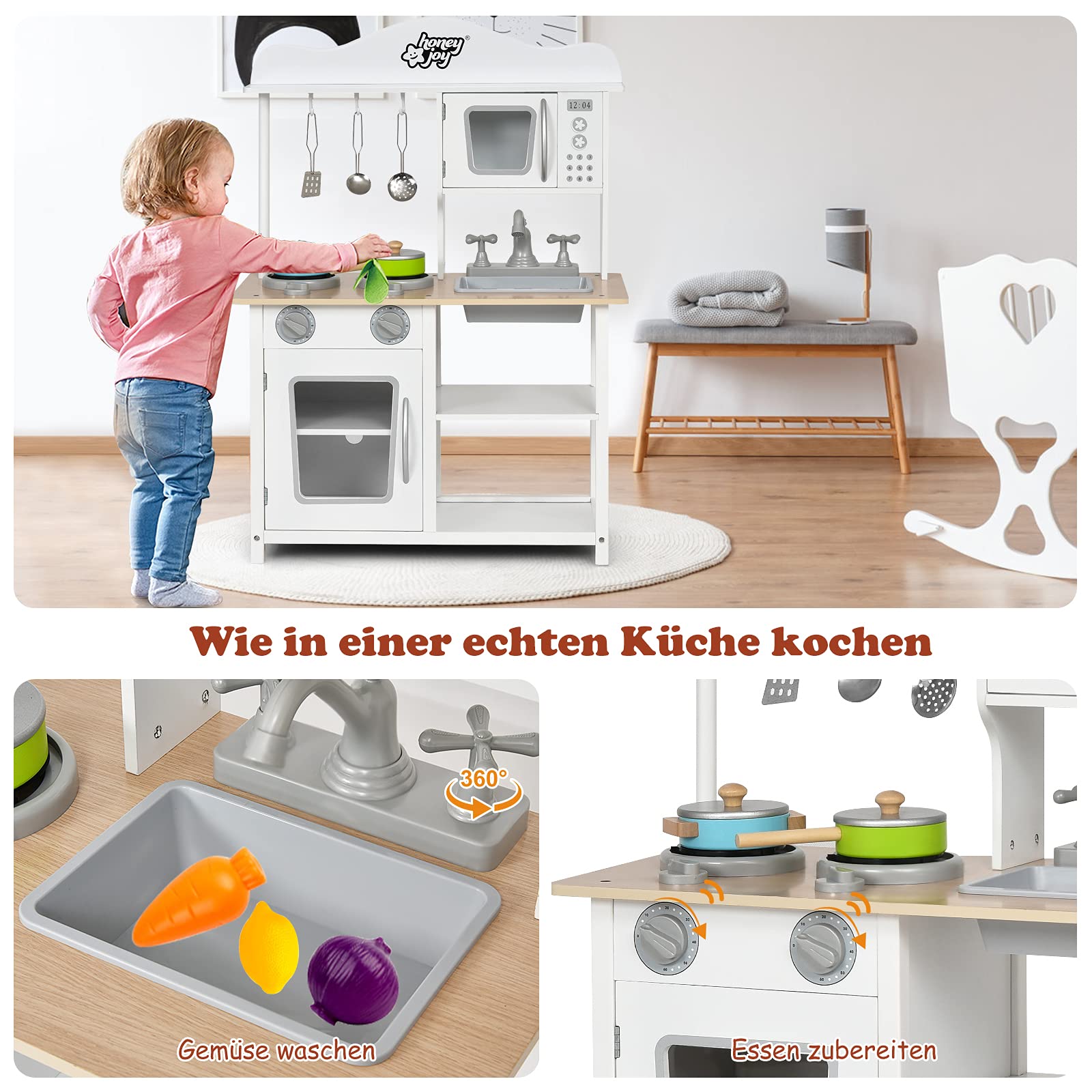 COSTWAY Kinderküche Spielküche Holz, Kinder Küche mit Zubehör, Spielzeugküche Holzküche mit Spüle, Backofen, Mikrowelle, Herd und Küche Set, Weiß