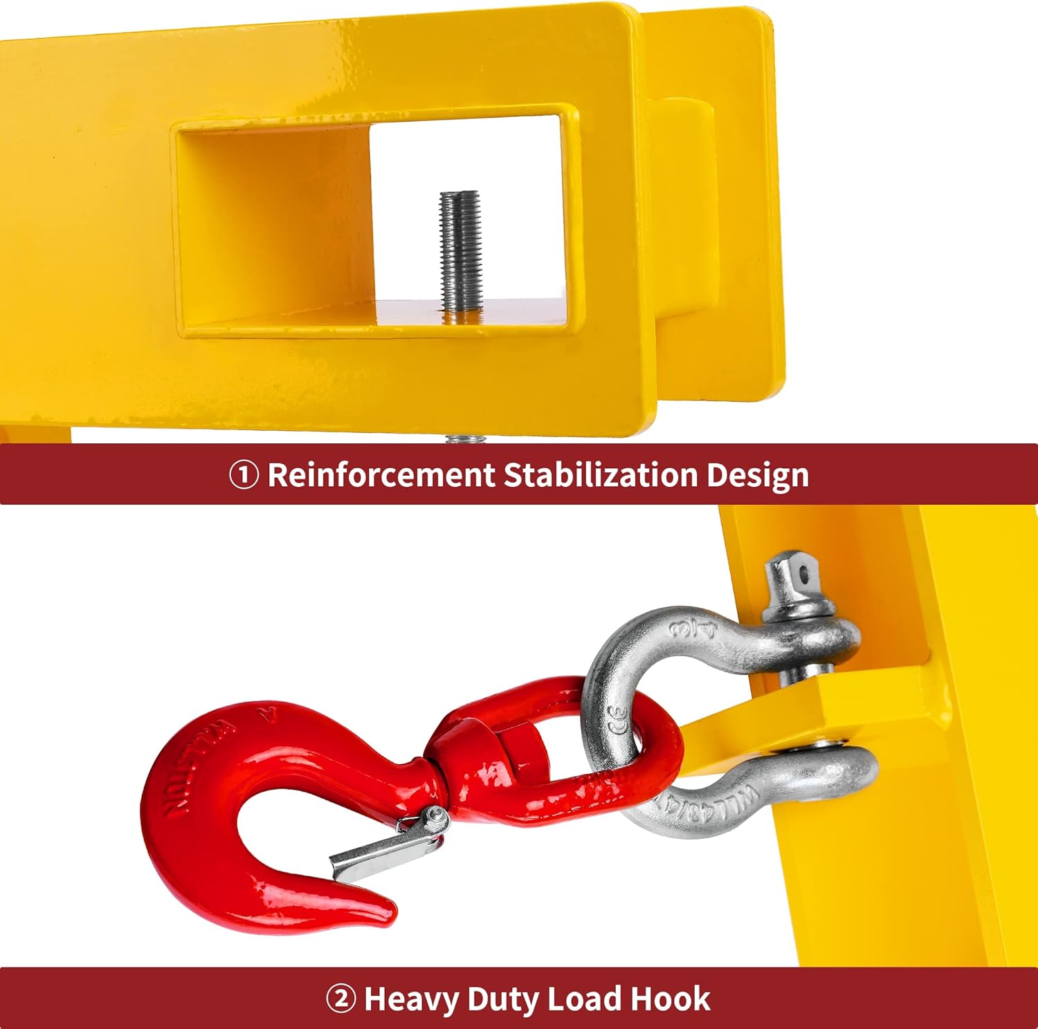 jarak dekat view of the reinforcement stabilization design and the heavy-duty load hook attached to the forklift lifting frame.