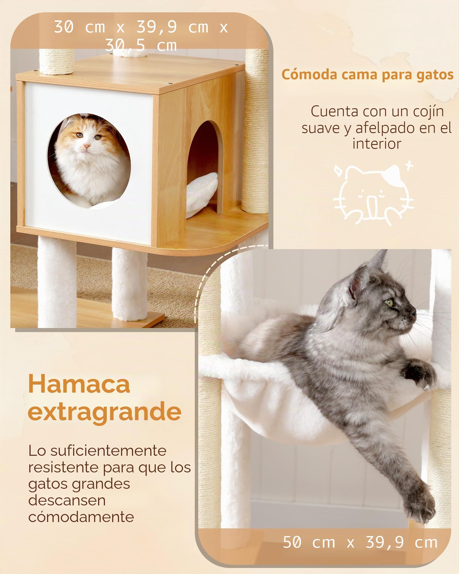 Heybly Árbol rascador para Gatos en Madera, 179 cm de Altura, con Plataforma Grande, Postes Rascadores de Sisal, Casita para Gatos y Hamaca, Construcción Robusta, Montaje Sencillo, Nogal HCT121WB