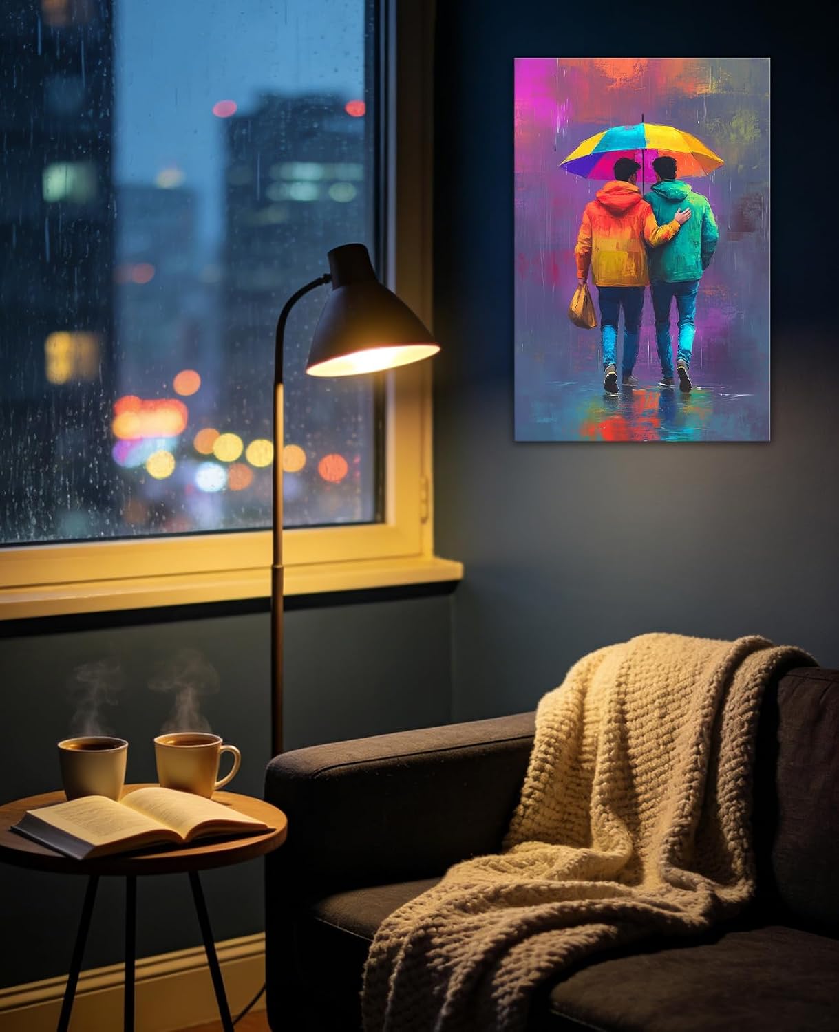 GLOKAKA Couple Rainbow Umbrella Canvas Wall Art Colorful Gay Lover Painting Modern Romantic Poster Artwork for Living Room Bedroom Home Wall Decor(Artwork-1,16"x24")