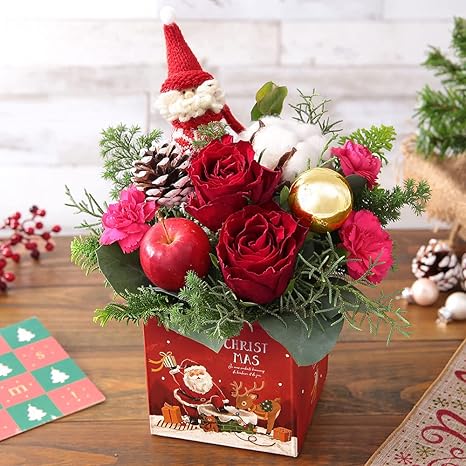 Amazon クリスマスboxアレンジ レッド 花 フラワー 生花 ギフト プレゼント 誕生日 記念日 お祝い 女性 フラワーアレンジメント オンライン通販
