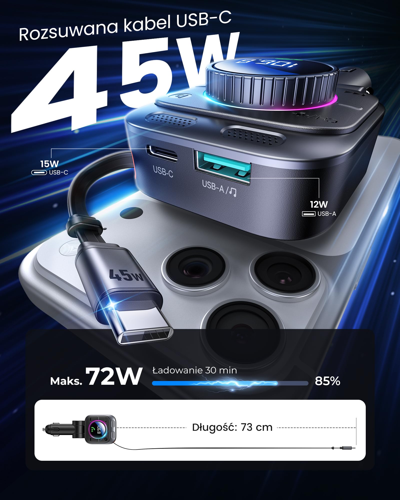 LENCENT Samochodowy nadajnik FM 72 W, Bluetooth 5.4, adapter Bluetooth | z wyciąganym kablem do ładowania, zapalniczka z gniazdem USB-C, basem i zestawem głośnomówiącym, muzyczny, obracany o 180