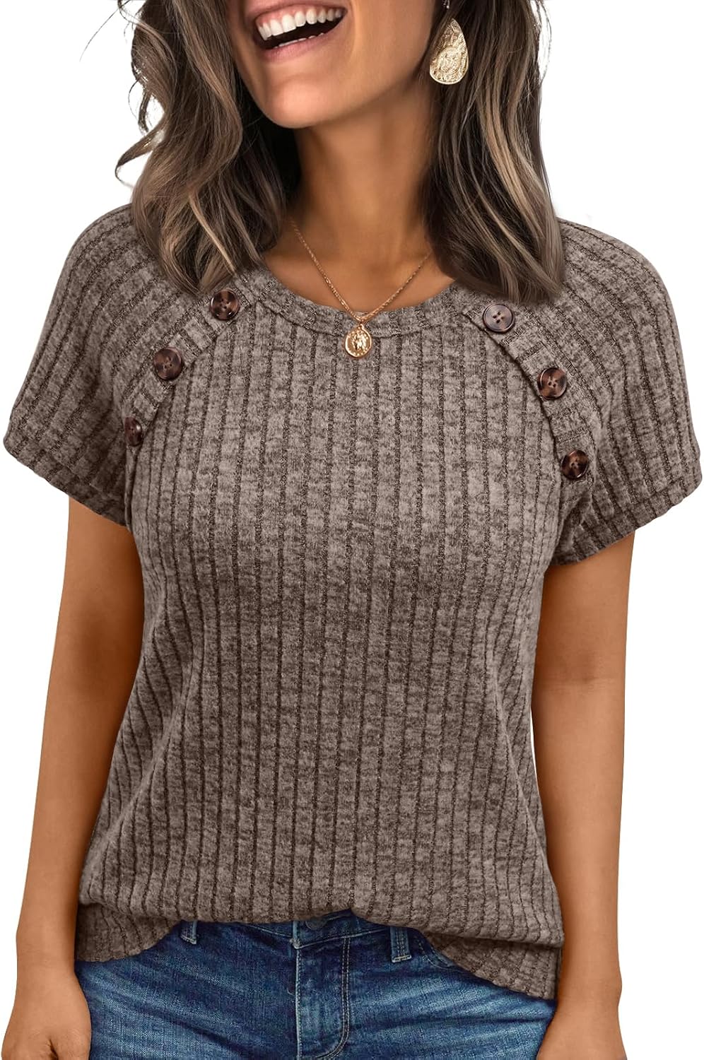 AUTOMET Women’s Short Sleeve Decorative Buttons...