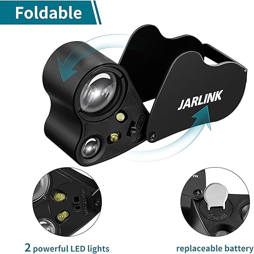 Miniatura 3 de JARLINK 2 Pack 30X 60X Jewelers Loupe, Foldable Jewelry Magnifier with Bright LED Light, Desktop Loupe Magnifier with 3 LED Light and 3 UV Light for