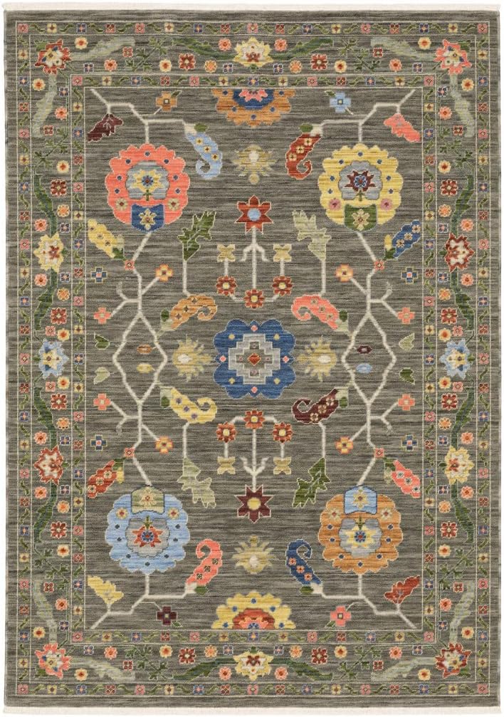3' X 5' Grey Blue Pink Orange Rust Red Green and Ivory Oriental Power Loom Stain Resistant Area Rug with Fringe