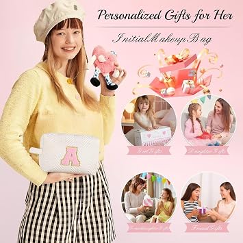 YOOLIFE Birthday Gifts 5 6 7 8 9 10 11 12 13 14 15 16 Year Old Girl, Stocking Stuffers for Girls Teen Kids, White Initial Makeup Bag for Girls L