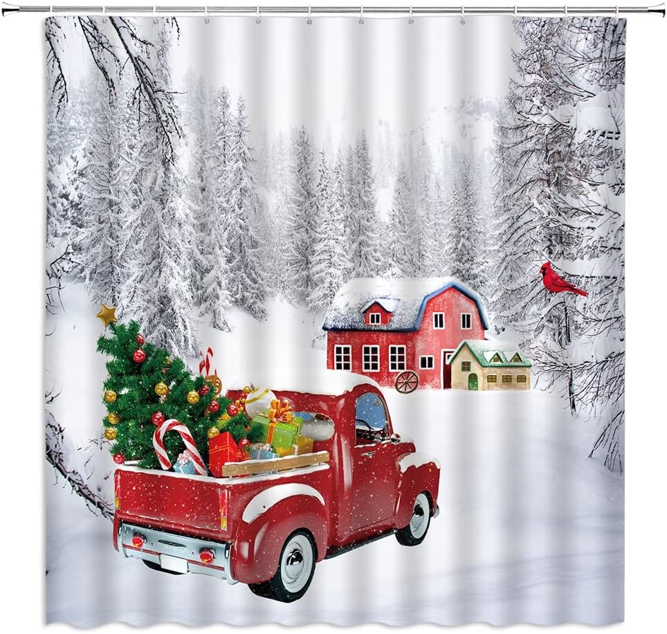 Merry Christmas Shower Curtain Christmas Tree Snowflake Red Black Buffalo Check Plaid Winter Xmas Holiday Happy New Year Home Decor Fabric Bathroom Curtain Set with Hooks(70" Wx78 H)