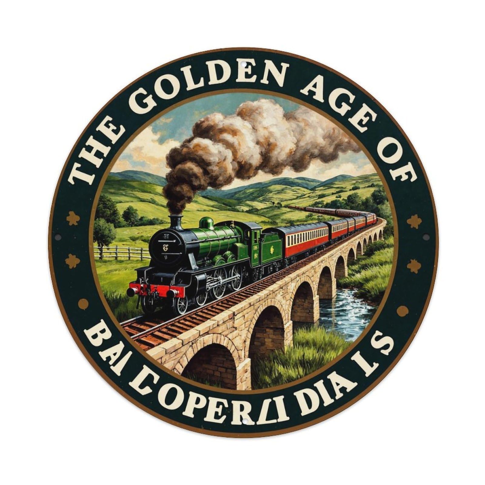 Steam Train Landscape Bridge Hills Round Metal Tin Sign Vintage Wall Decor, Bar Garage Cafe Kitchen Home Wall Art Poster 8x8inches