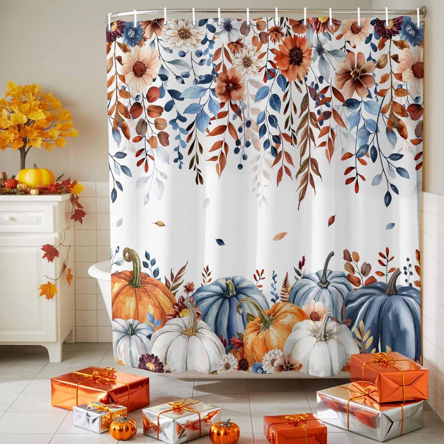 Orange Blue Pumpkins Fall Shower Curtain Set - Extra Long 72" x 96" Washable Bathtub Thanksgiving Curtain with 12 Hooks, Floral Botanical Waterproof Fabric Shower Curtains for Bathroom