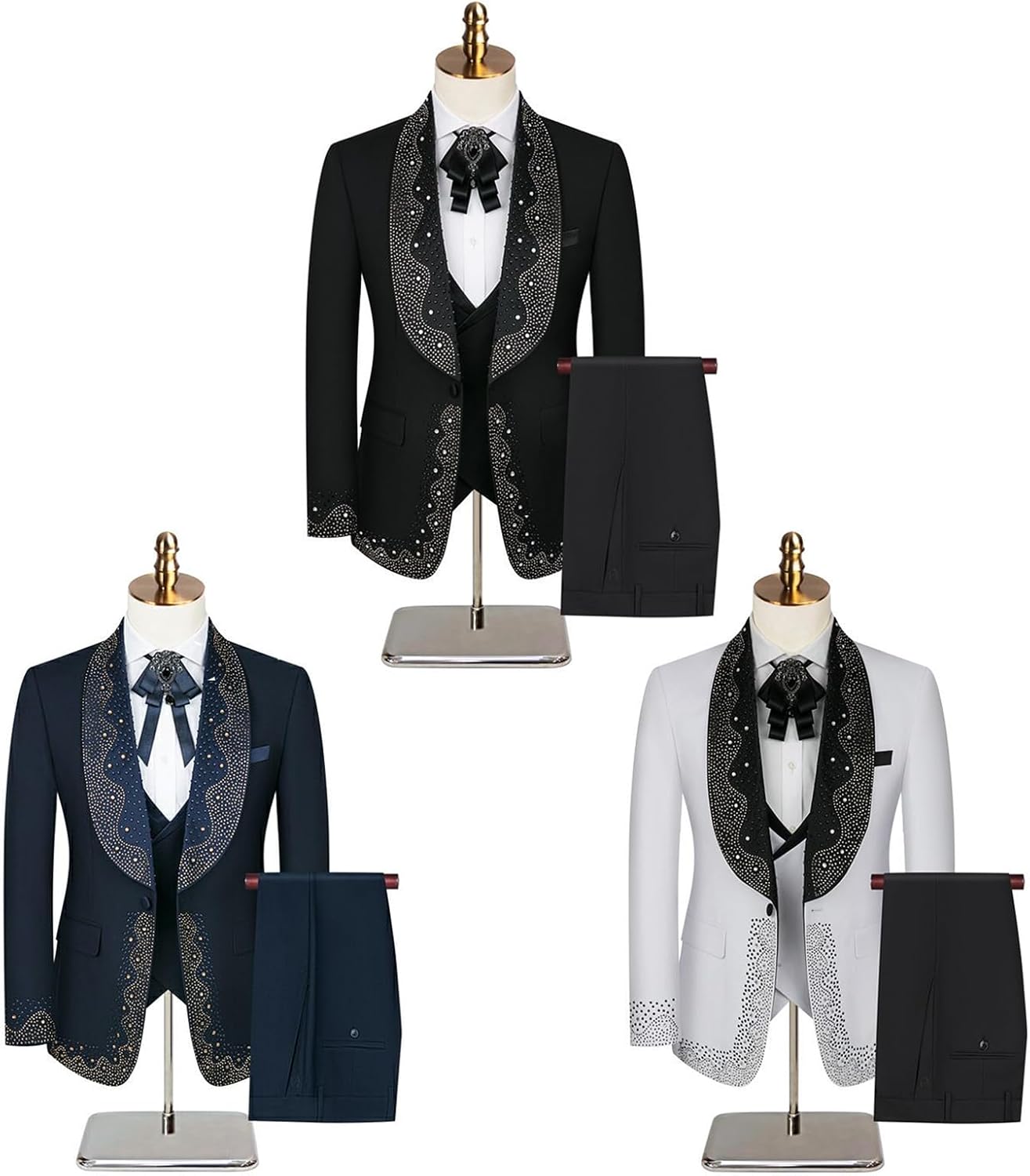 Mens Luxury 3 Pieces Suit with Rhinestone Slim Fit Shawl Lapel Blazer Jacket Vest Pants Set for Prom,Party,Dinner - Image 5