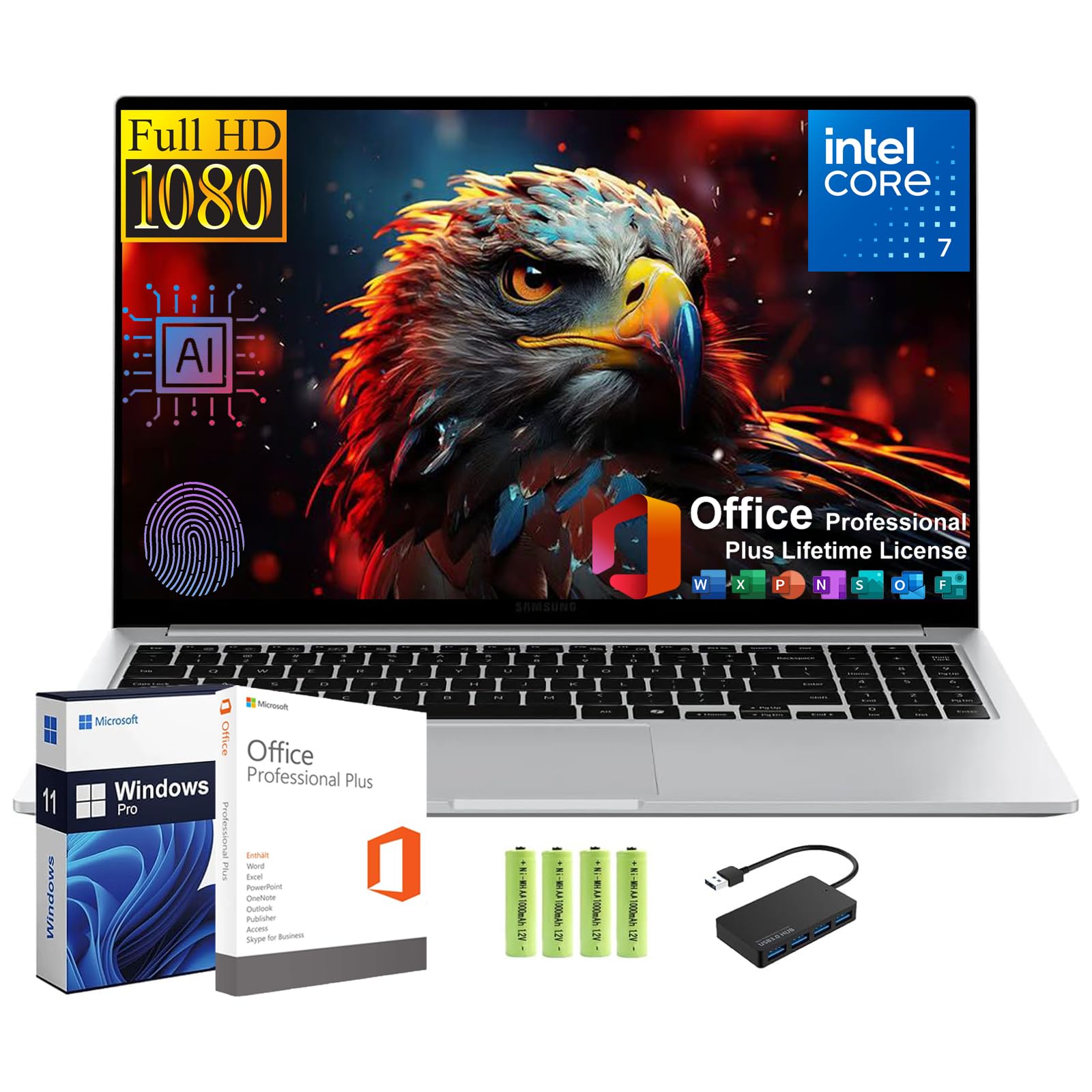 SAMSUNG Galaxy Book4 AI Business Laptop [Windows 11 Pro], 15.6" FHD, Intel 10-Core 7-150U, 16GB RAM, 4TB SSD, Lifetime MS Office, Backlit KB, Fingerprint, RJ-45, 15Hrs Battery Life, Hub+Battery