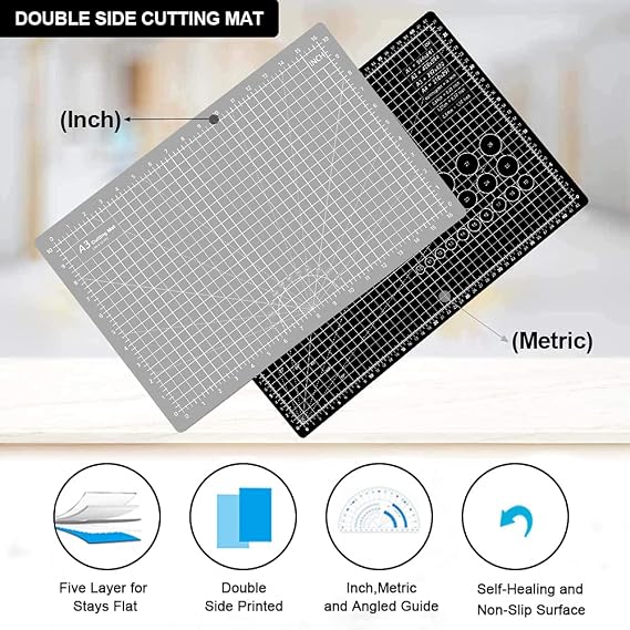 Headley Tools 12 x 18 Inch Thickened Self Healing Cutting Mat, A3 Rotary Cutting Sewing Mat for Crafts, Double Sided 5-Ply Cutting Board for Fabric Leather Modeling Hobby Project, Black/Grey