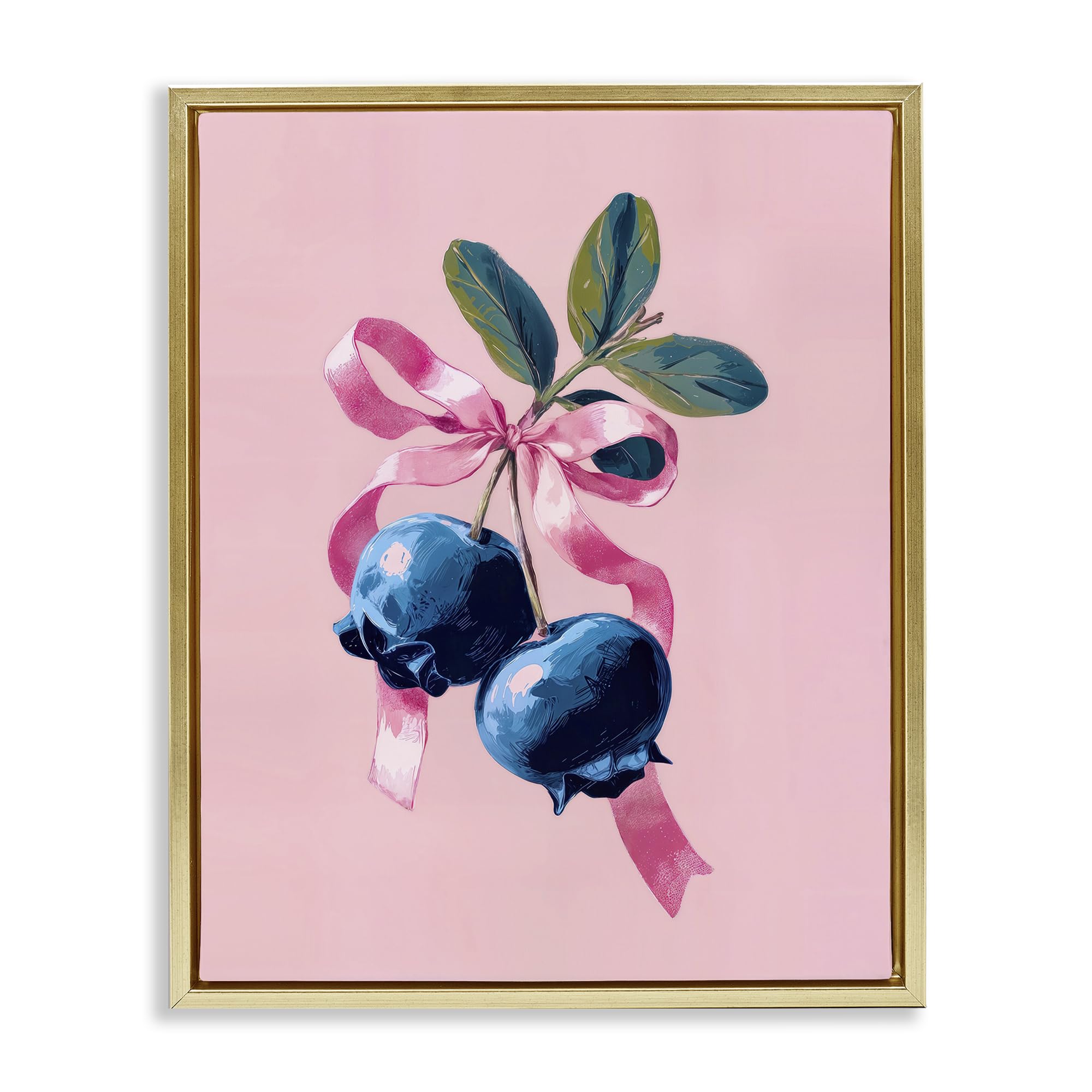 Stupell Industries 'Blueberry Branch with Pink Bow', Floating Frame Canvas Art, Gold, 25 x 31 Inches, Easy to Hang and Sturdy, Made in USA, by Imagine It Images