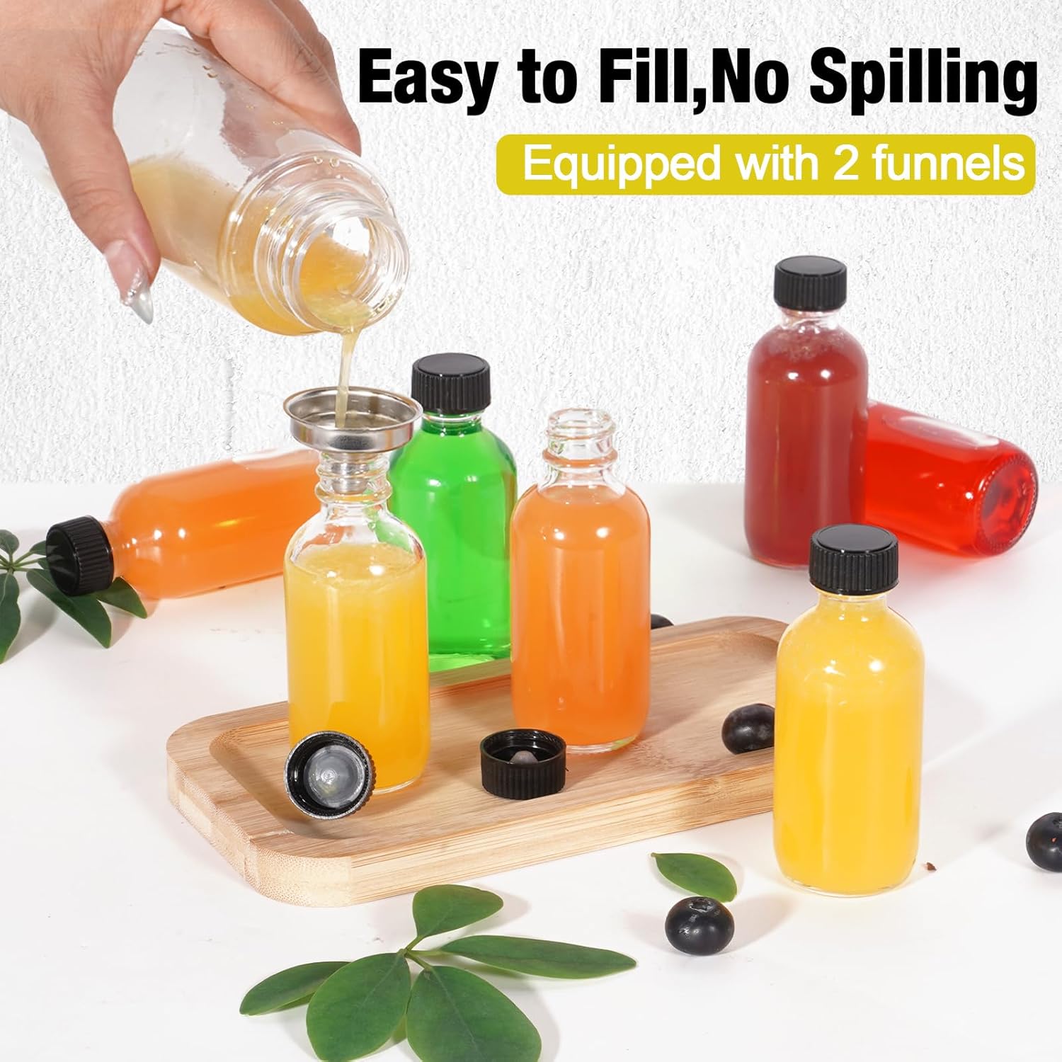 2oz Small Clear Glass Bottles with Lids, 2 Stainless Steel Funnel, 12 Labels, 1 Chalk Marker, 1 Brush - Reusable Boston Bottle for Juice, Ginger Shot, Wellness, Oils, Liquids, Leakproof Travel Bottle thumbnail