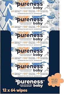 Pureness Baby Biodegradable Plastic Free Sensitive and Newborn Skin Mega Value Wipes, Pack of 12, 768 Wipes