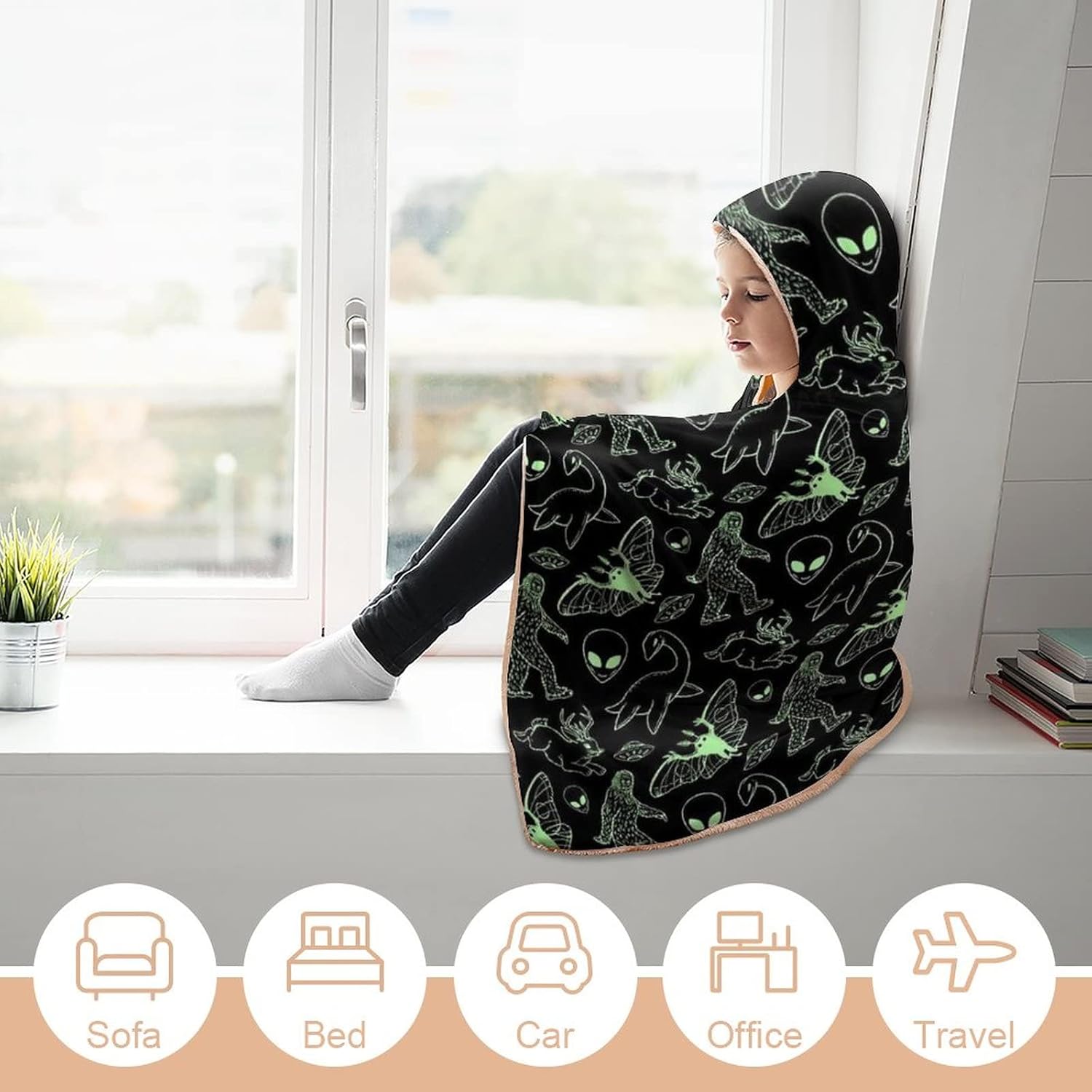 Green Lines Cryptid Pattern Wearable Hooded Blanket Soft Warm Throw Blanket Robe Cloak Wrap For Bed Sofa Bedding 40"x50"