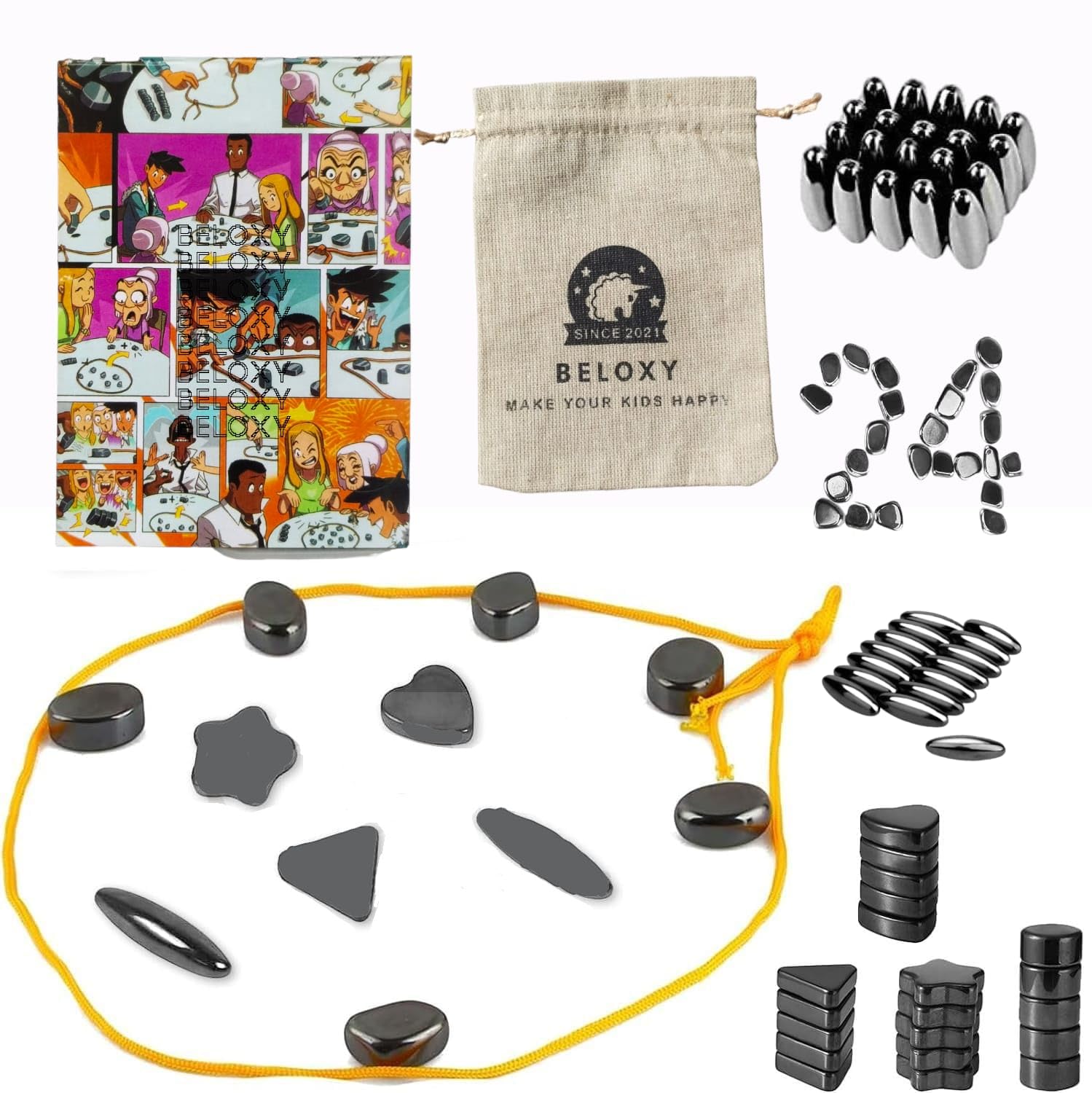 BELOXY Magnetic Board Game for Kids – 24 Magnets with 5 Different Design with Attractive instruction Card and Beautiful Carry Beg for Kids – Duel Rock Board Game for Kids & Adults (Style 7)