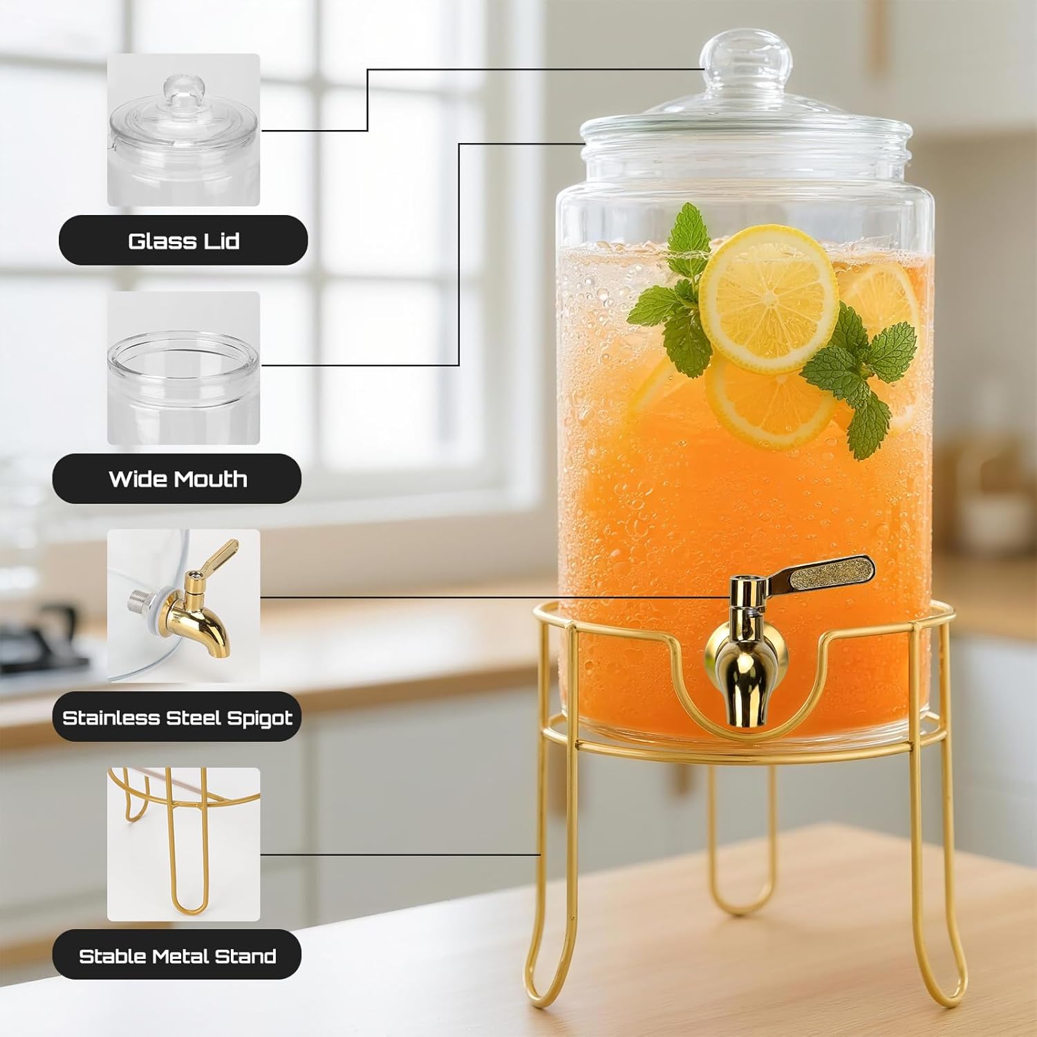 DHSBTLS 1 Gallon Glass Drink Dispensers, Round Beverage Dispenser for Party, BBQ and Picnic, Clear Airtight Juice Dispenser with Golden Stand, Stainless Steel Spigot, Markers and Chalkboard - Image 4
