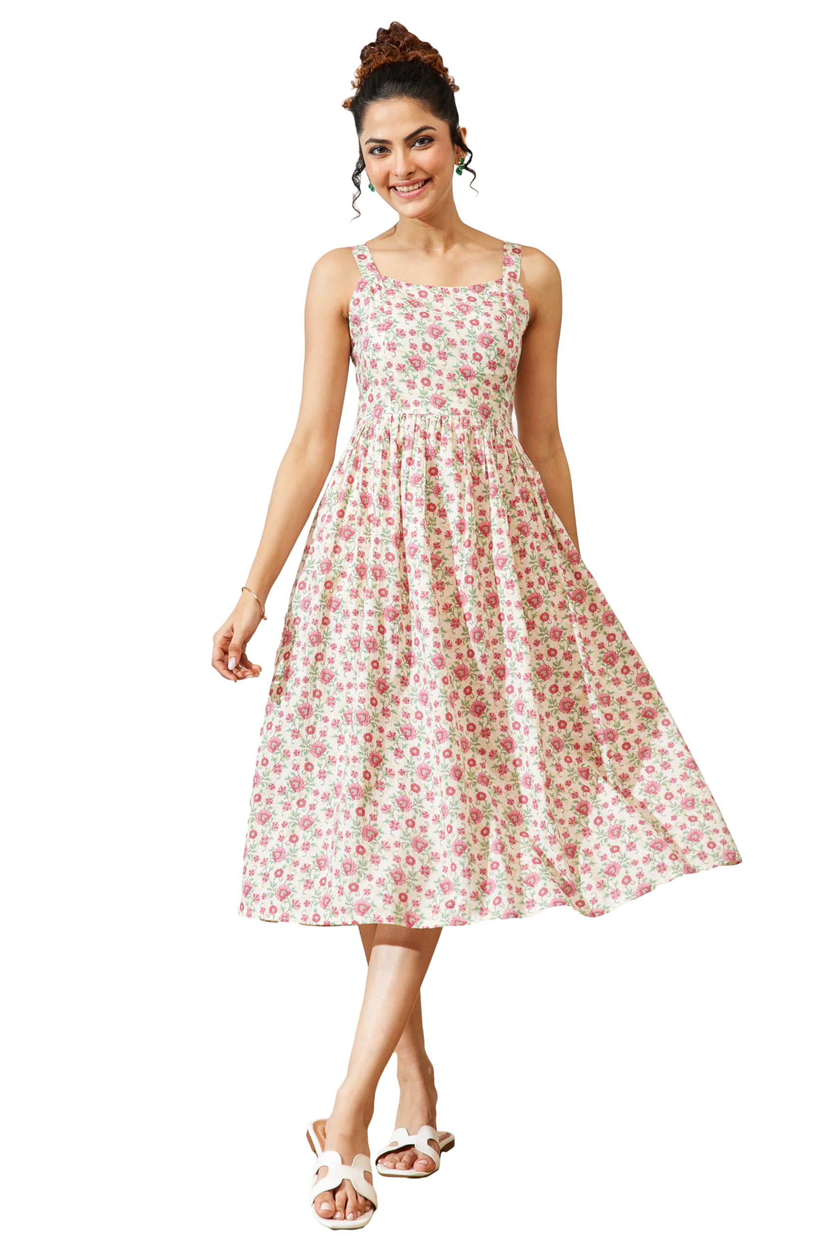 janasya Women's Off White Pure Cotton Floral Printed A-line Dress-picture-33