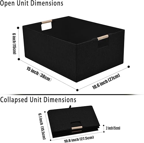 Miniatura 5 de Cesta de almacenamiento de tela para estantes, contenedores de almacenamiento plegables con asas de madera, paquete de 2 cestas rectangulares para