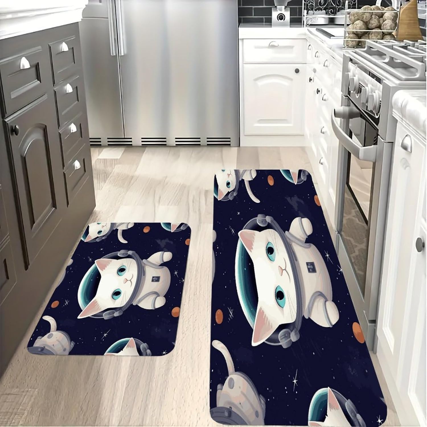 Fun Cat Astronaut Kitchen Mats with 2PCS Non-Slip Washable,Kitchen Rug Heavy Duty Durable, Floor Mats for Kitchen,Office,Sink,Laundry