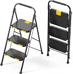 KINGRACK 4 Step Ladder, Sturdy Steel Step Stool with Tool Platform, Safe-Lock, Handrail, Anti-Slip Wide Pedals, Pass 330lbs Load Testing, Folding Portable Ladder for Multi-Purpose, Home Kitchen, Black