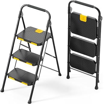 KINGRACK Ladder 3 Steps Step Ladder 3 Steps Foldable Household Ladder with Non-Slip Wide Pedal and Handrails Lightweight Household Ladder for Kitchen Pantry Cupboards Office Black