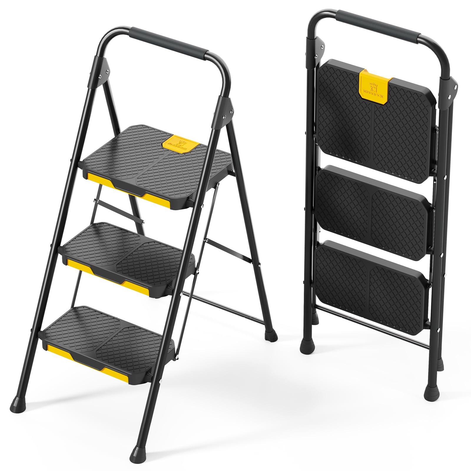 KINGRACK Leiter 3 Stufen, trittleiter 3 Stufen klappbar, haushaltsleiter mit rutschfestem, breitem Pedal und Handläufen, leichte Haushaltsleiter für Küche, Vorratskammer, Schränke, Büro(Schwarz)