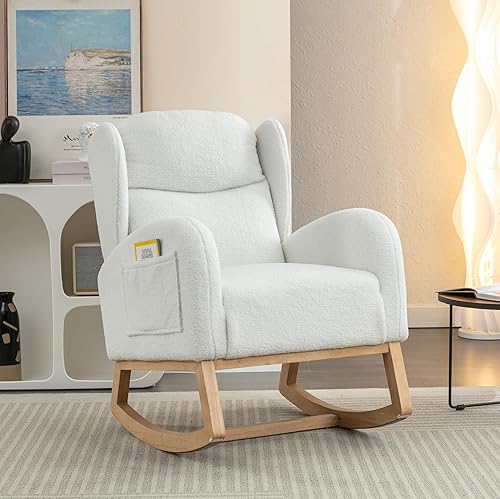 Miniatura 8 de Mecedora de peluche para guardería, silla mecedora tapizada con bolsillo, silla moderna con respaldo de ala, cómoda silla de lectura con patas de