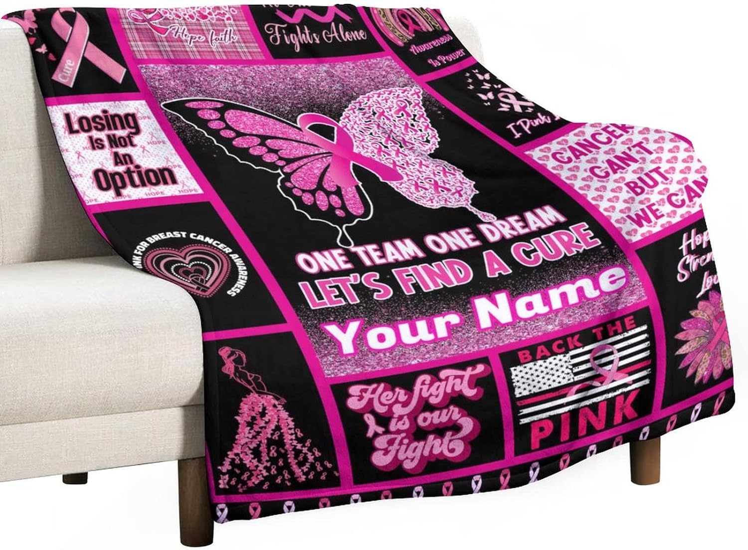 Personalized Breast Cancer Awareness Blanket Gifts with Name Text, 60"x80" Breast Cancer Throw Soft Flannel Blanket for Kids, Warm Lightweight Cozy Breast Cancer Gifts for Bed Couch