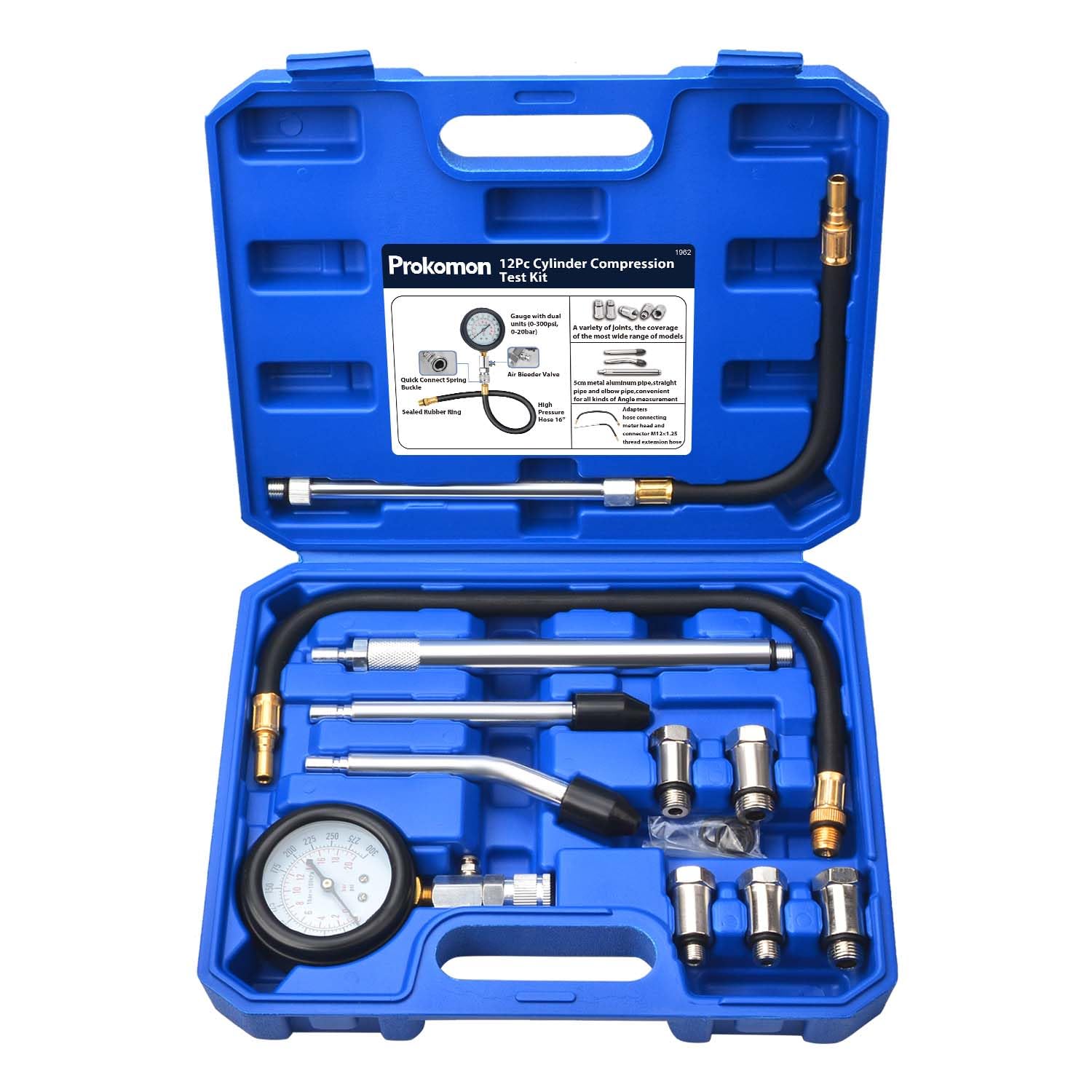 Prokomon Petrol Gasoline Engine Compression Tester Kit; 300 Psi Engine Cylinder Compression Tester with M10 M12 M14 M16 M18