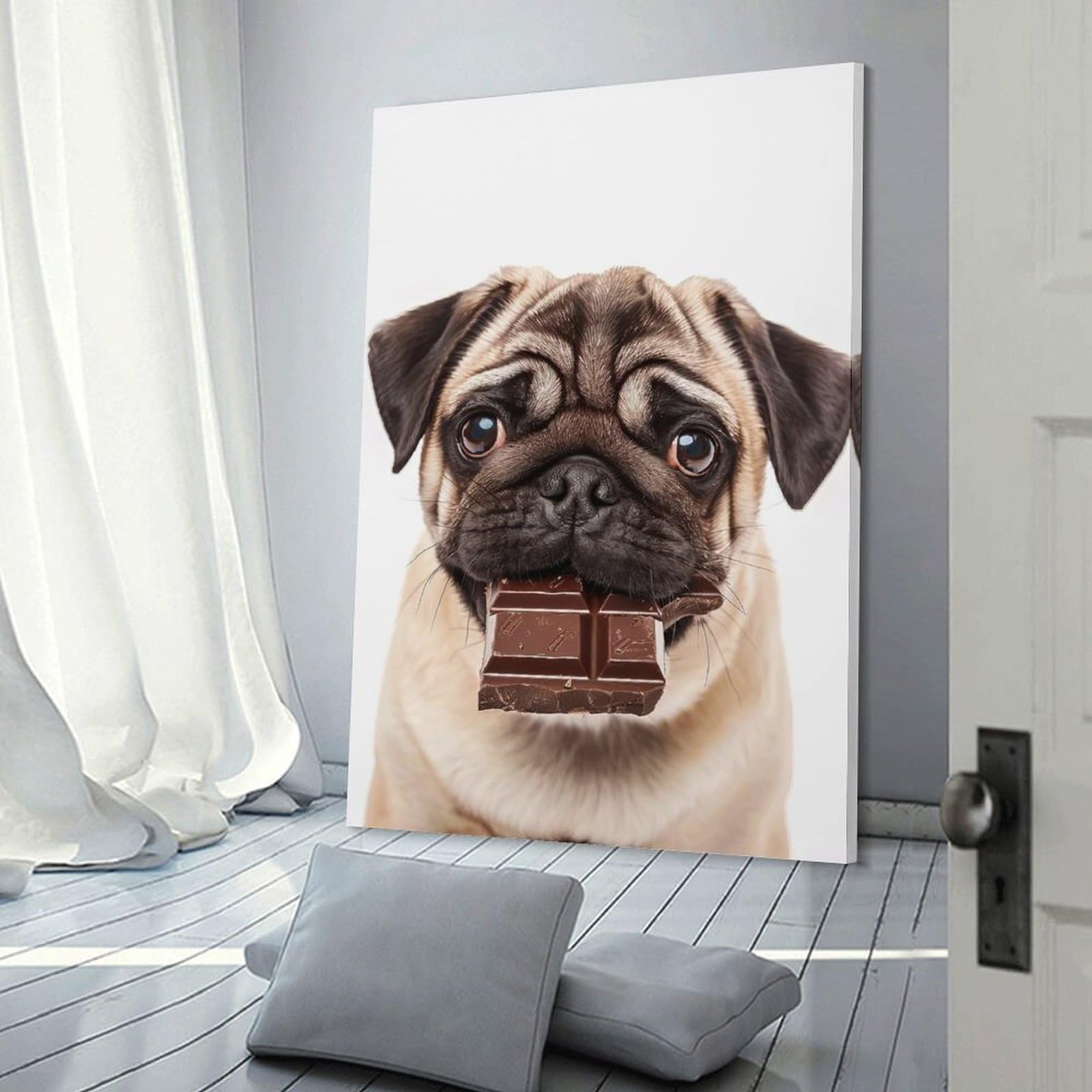 Junmoney Pug with Chocolate Bar Hanging Wall Art, 20x30inch(50x75cm), for Gallery Wall Decor And Room Displays, Home Wall Art for Statement Displays