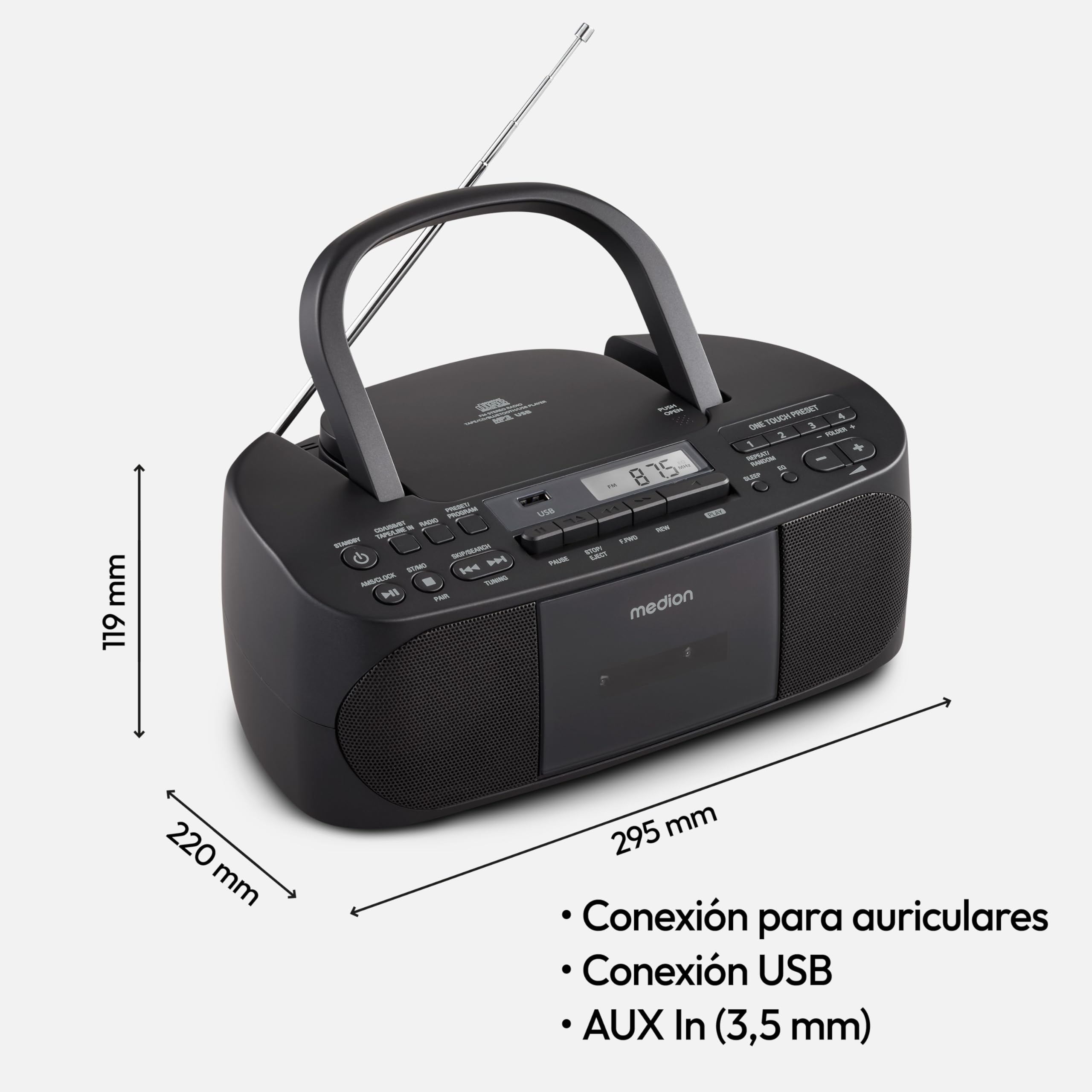 MEDION E65010 Radio estéreo (Reproductor de CD, Casete, conexión USB, Entrada de Audio AUX, reproducción de MP3, Radio FM PLL, Memoria de 40 emisoras, Funcionamiento con Pilas