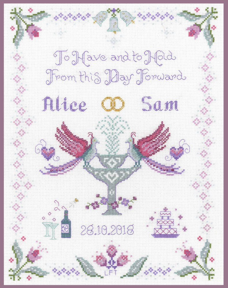 Lifetime Samplers Plum Wedding Sampler - Complete Cross Stitch kit on 14 aida with Clear Colour Chart