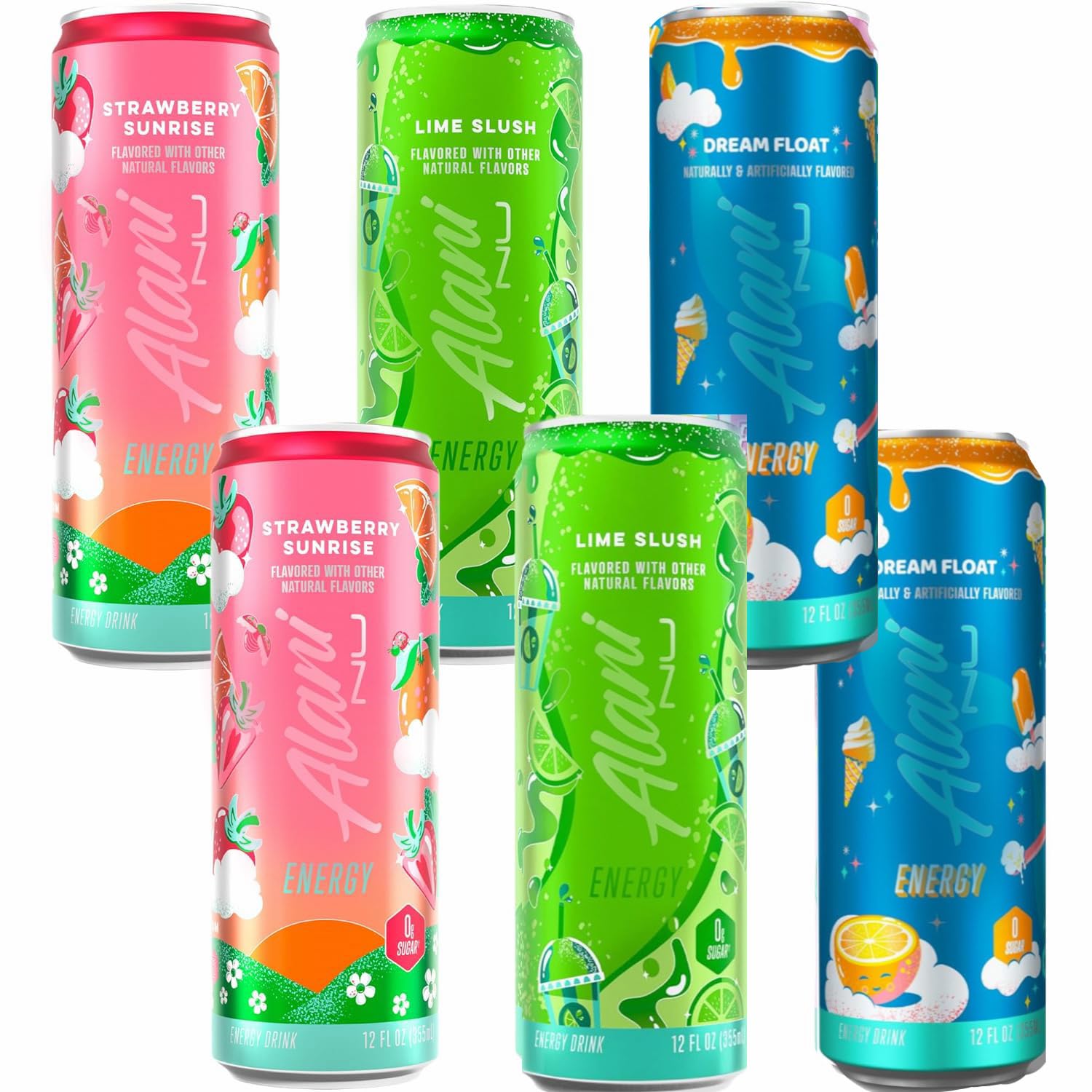 New Alani Energy Drinks Strawberry Sunrise, Lime Slush, Dream Float Flavors Variety Pack Sugar-Free, Low-Calorie, 200mg Caffeine, Energy Boost Drink 12 fl oz (Pack of 6)