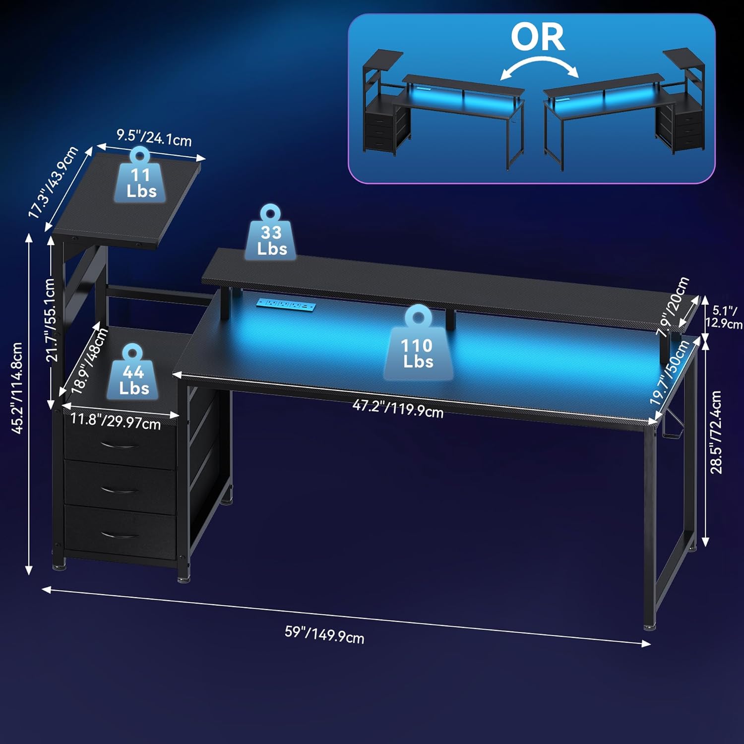 DUMOS L Shaped Gaming Desk with Shelves Storage Drawers 58'', Black Computer Desks with LED Lights Power Outlets, Office Wood Table with PC Stand Cable Management for Bedroom Dual Monitor Streaming