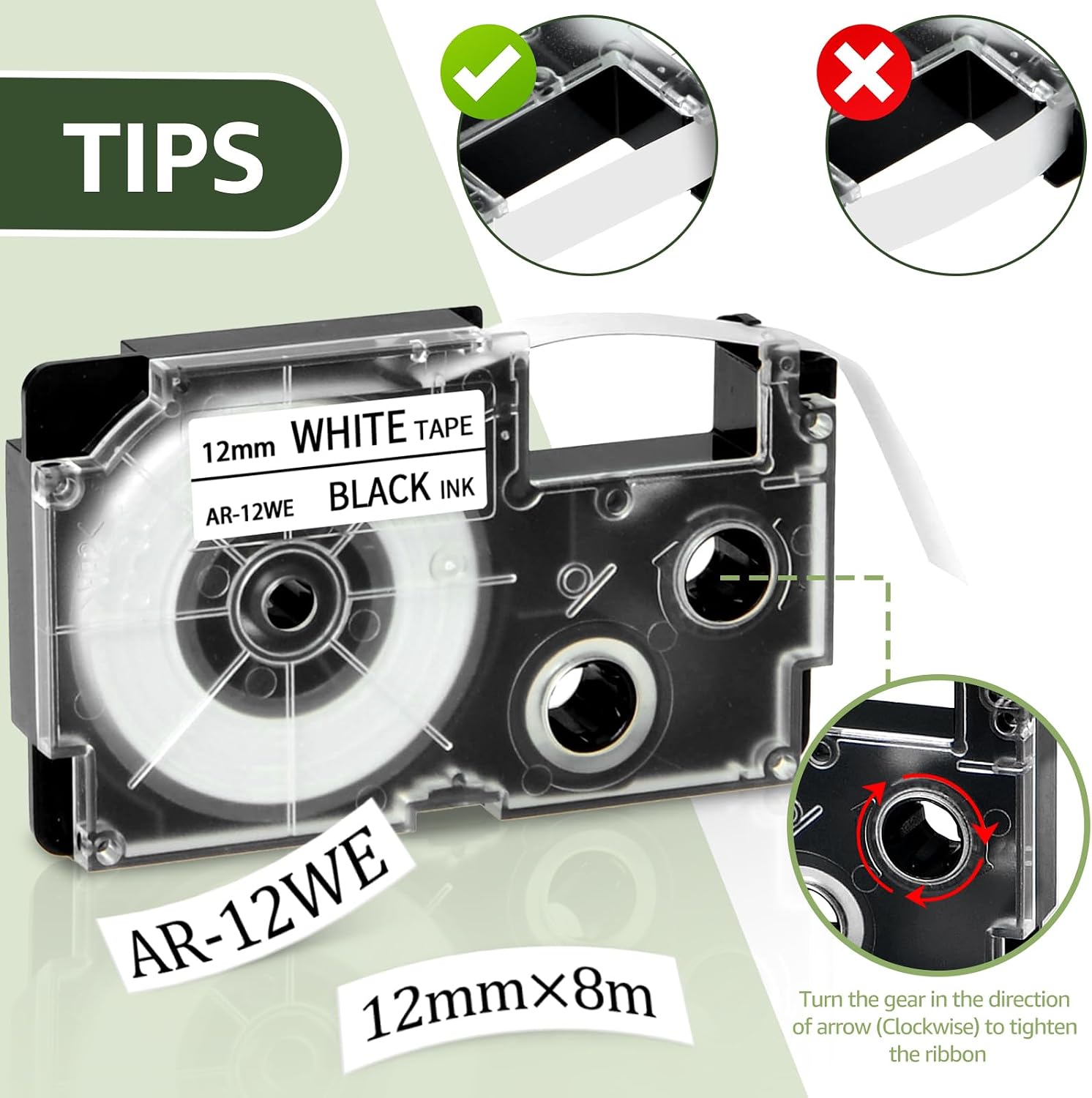 GREENCYCLE 5PK Compatible for Casio Label Maker Tape XR-12WE XR-12WE2S 12mm 1/2" Black on White Label It for EZ Label Maker KL-60 KL-100 KL-120 KL-430 KL-750 KL-780 KL-820