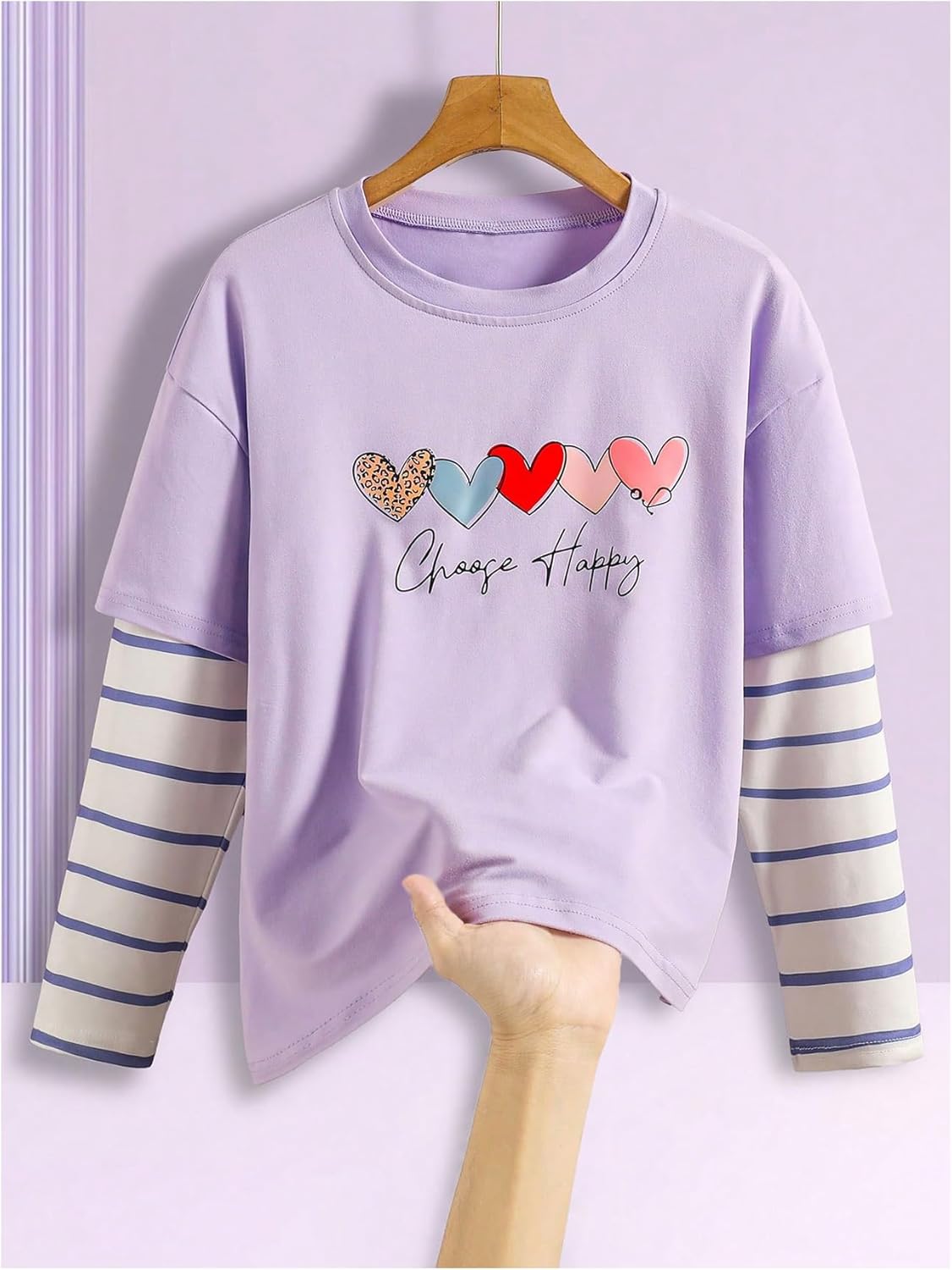 Girl's Heart Graphic Tees Striped Long Sleeve 2 in 1 T Shirts Crew Neck Cute Tee Tops - Image 5