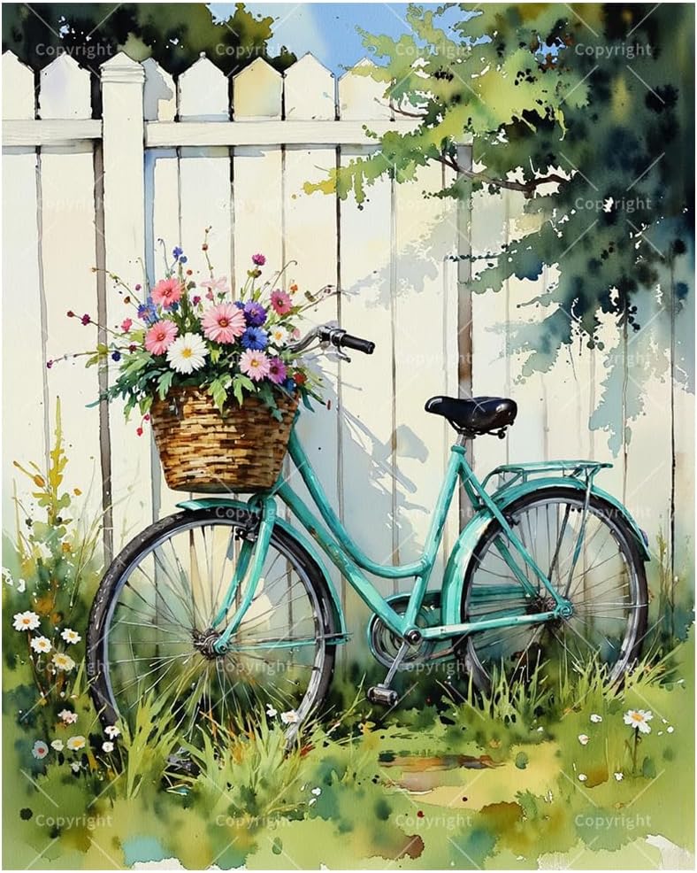 Cottage Garden Paint by Numbers Kit for Adults - DIY Bicycle with Floral Basket Painting on Canvas, Acrylic Paint Set, Suitable for Beginners, Art for Home Decoration or Gifts(16X20IN Framed)