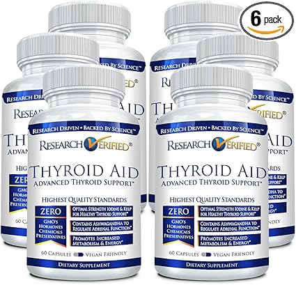 Research Verified® Thyroid Aid - Optimal Thyroid Function with Iodine,  Copper & Zinc - 260 mcg Selenium - 100% Pure - Vegan Friendly - 60 Capsules  Per ...