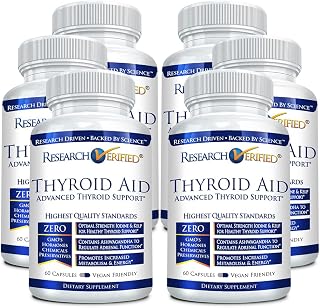 Research Verified® Thyroid Aid - Optimal Thyroid Function with Iodine, Copper & Zinc - 260 mcg Selenium - 100% Pure - Vegan Friendly - 60 Capsules Per Bottle - 6 Bottles