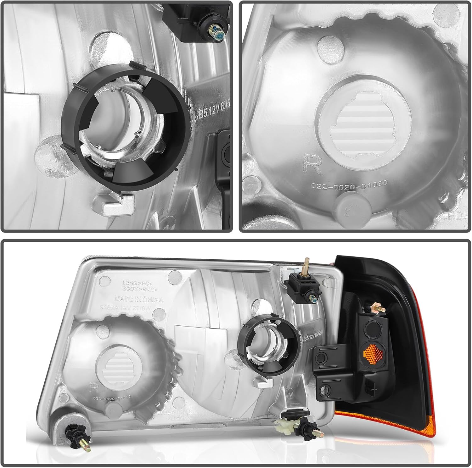 Pair of Headlight Assembly Fit 2001-2011 for Ford for Ranger Headlamp Black Housing Amber Reflector Clear Lens
