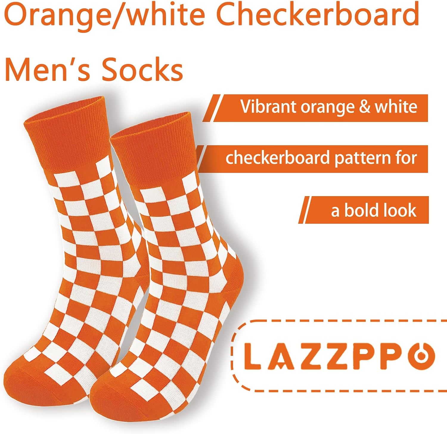 2 Pairs Orange and White Checkerboard Socks for Men, Size 6-10